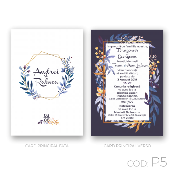 Invitație Nuntă Postcard P5 Moonlight Blue cu frunze